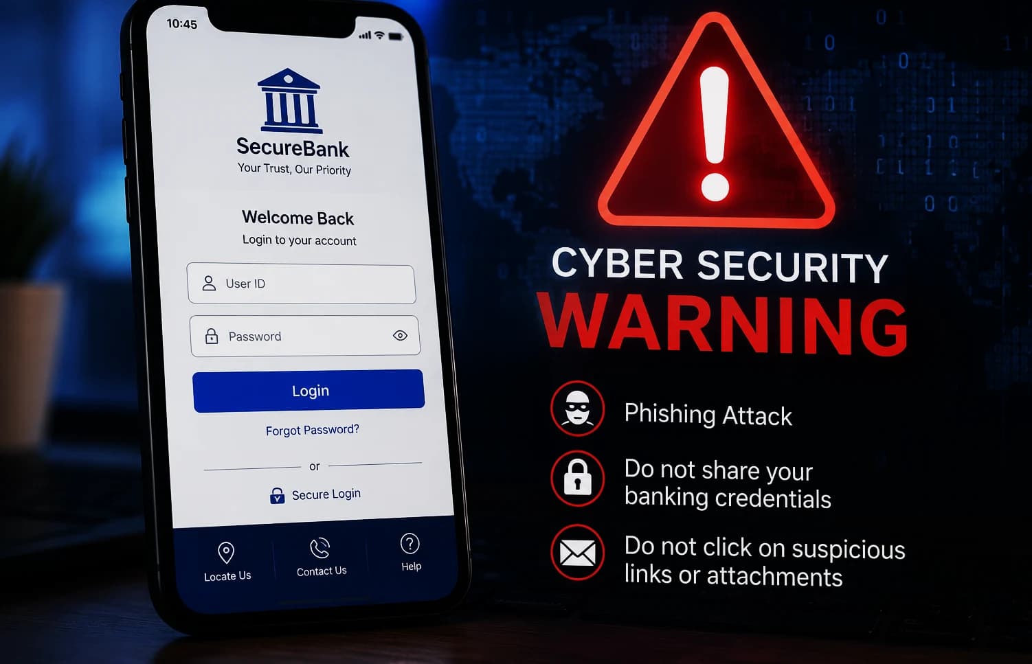 Smartphone displaying a generic fake banking login page beside a cyber security warning graphic.